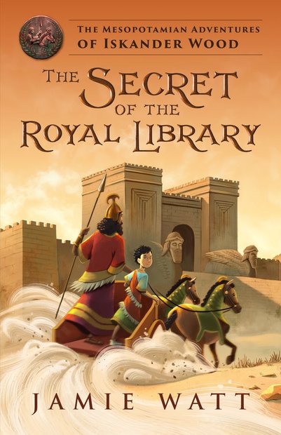 Cover of The Secret of the Royal Library, showing a boy riding a chariot beside an Assyrian king toward the winged bulls of Nineveh's gate